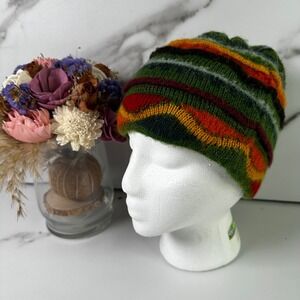 ❌SOLD❌Hand Knit Striped Beanie Hat Green Orange Red Alpaca Warm Winter Artsy